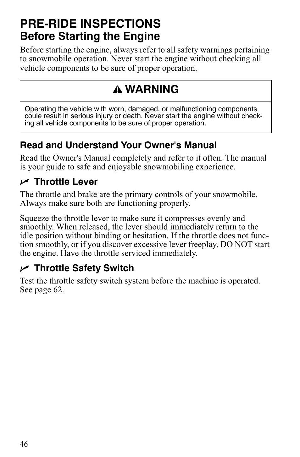 Pre-ride inspections, Before starting the engine, Warning | Polaris Trail Touring Deluxe User Manual | Page 49 / 139