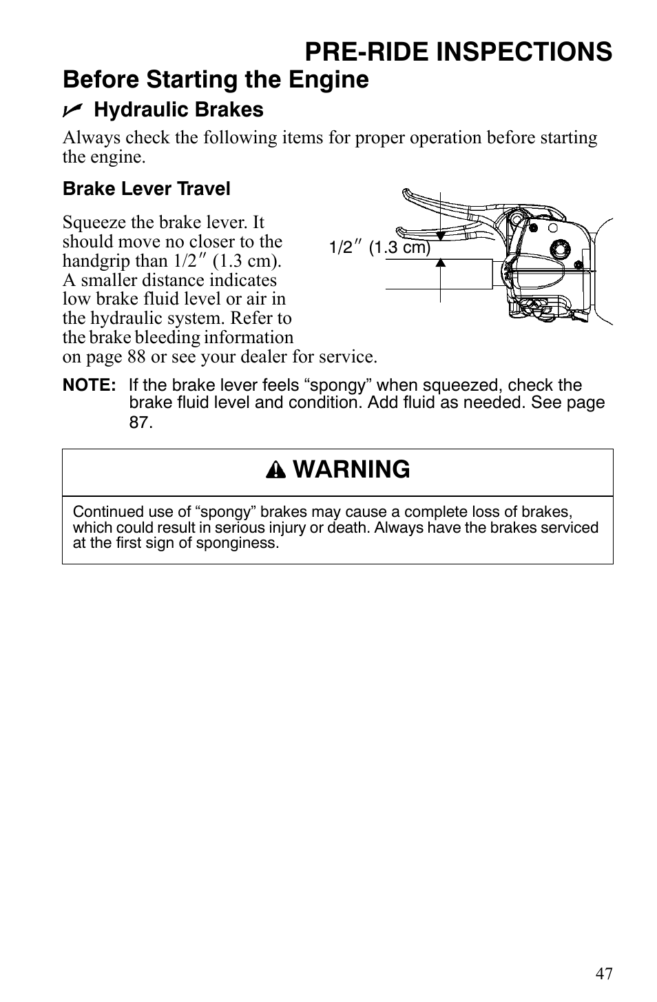 Pre-ride inspections, Before starting the engine, Warning | Polaris Trail Touring Deluxe User Manual | Page 50 / 139