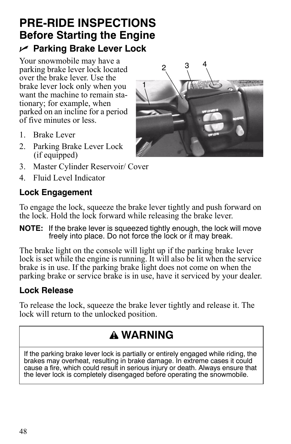 Pre-ride inspections, Before starting the engine, Warning | Polaris Trail Touring Deluxe User Manual | Page 51 / 139