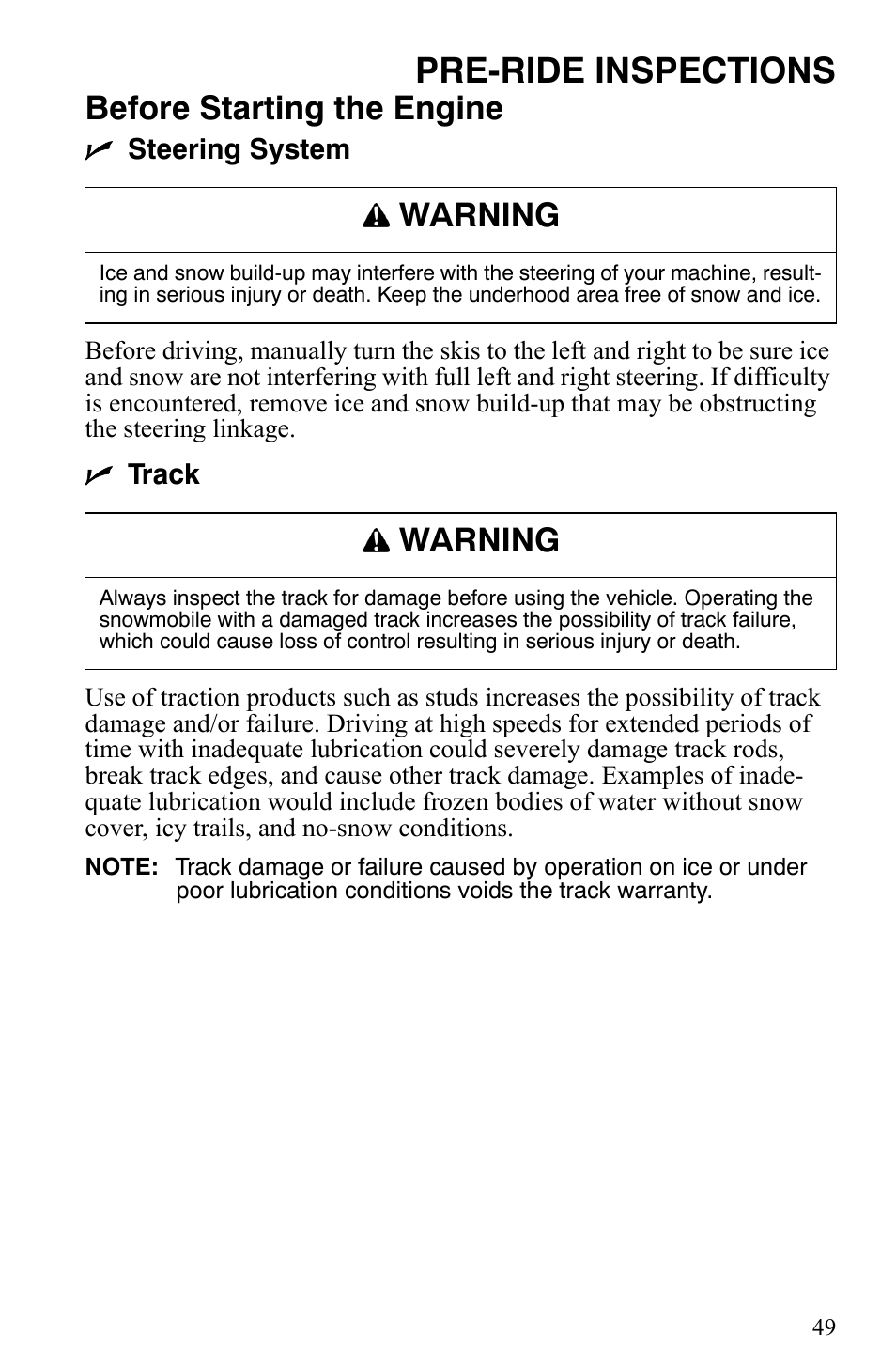 Pre-ride inspections, Before starting the engine, Warning | Polaris Trail Touring Deluxe User Manual | Page 52 / 139