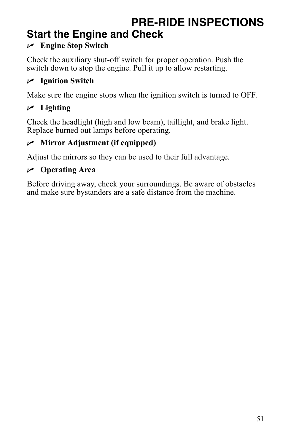 Pre-ride inspections, Start the engine and check | Polaris Trail Touring Deluxe User Manual | Page 54 / 139