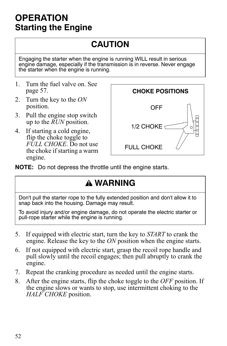 Operation, Starting the engine, Caution | Warning | Polaris Trail Touring Deluxe User Manual | Page 55 / 139