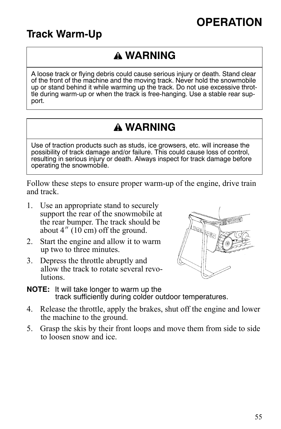 Operation, Track warm-up, Warning | Polaris Trail Touring Deluxe User Manual | Page 58 / 139