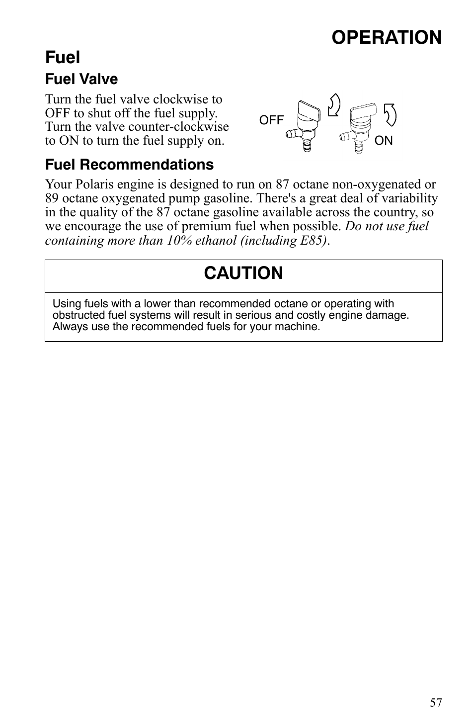 Operation, Fuel, Caution | Polaris Trail Touring Deluxe User Manual | Page 60 / 139