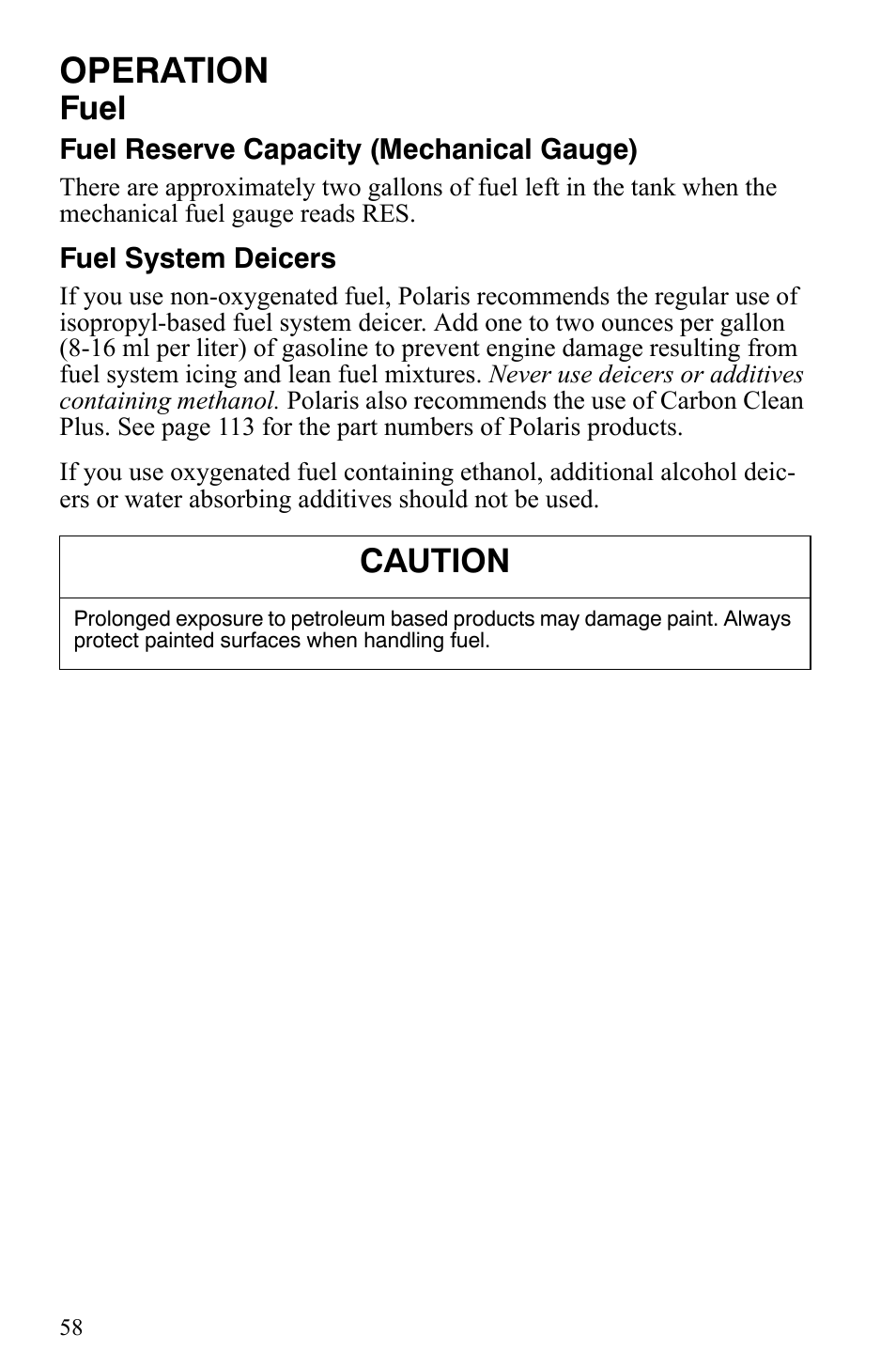 Operation, Fuel, Caution | Polaris Trail Touring Deluxe User Manual | Page 61 / 139