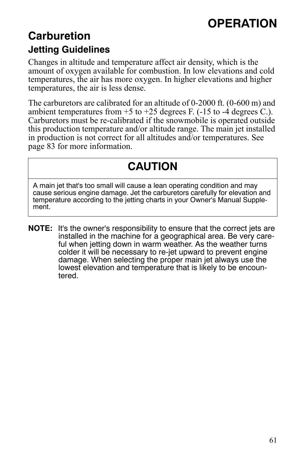 Operation, Carburetion, Caution | Polaris Trail Touring Deluxe User Manual | Page 64 / 139