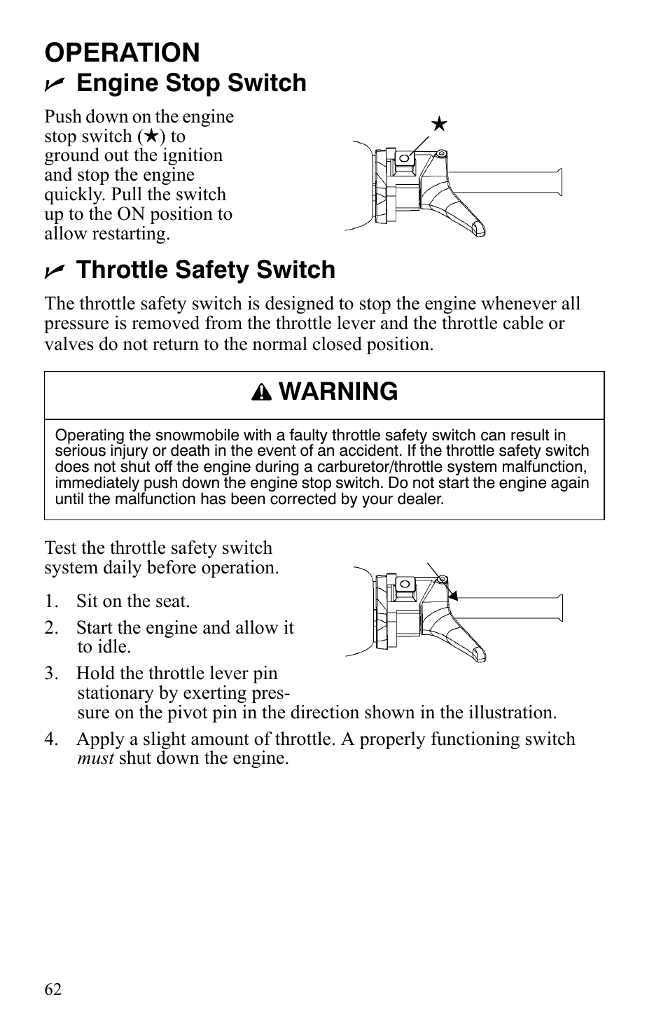 Operation, Engine stop switch, Throttle safety switch | Warning | Polaris Trail Touring Deluxe User Manual | Page 65 / 139