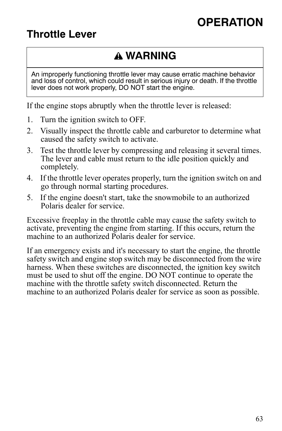 Operation, Throttle lever, Warning | Polaris Trail Touring Deluxe User Manual | Page 66 / 139