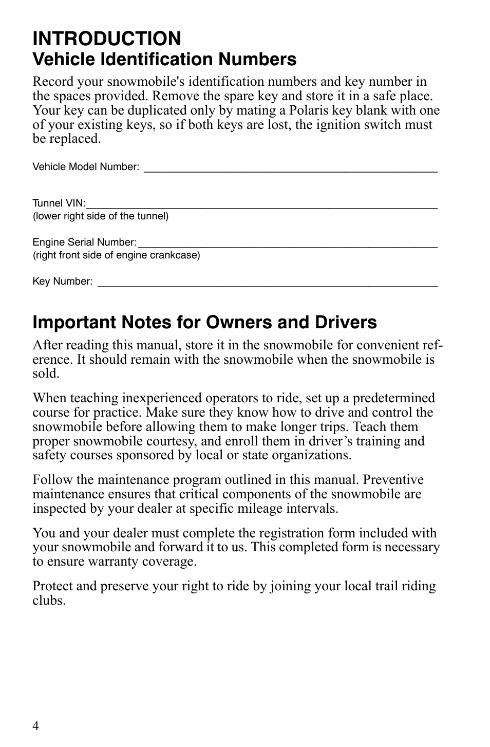 Introduction, Vehicle identification numbers | Polaris Trail Touring Deluxe User Manual | Page 7 / 139