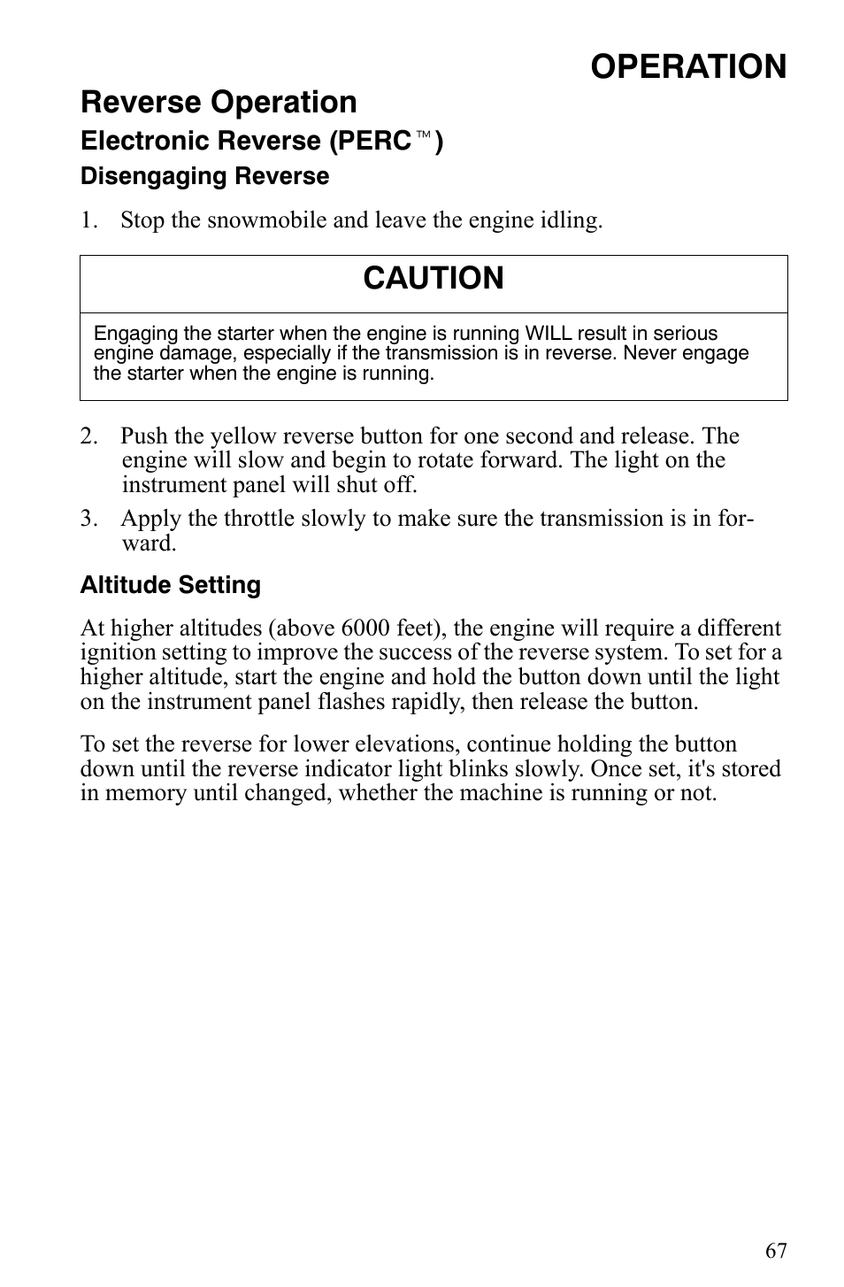 Operation, Reverse operation, Caution | Polaris Trail Touring Deluxe User Manual | Page 70 / 139