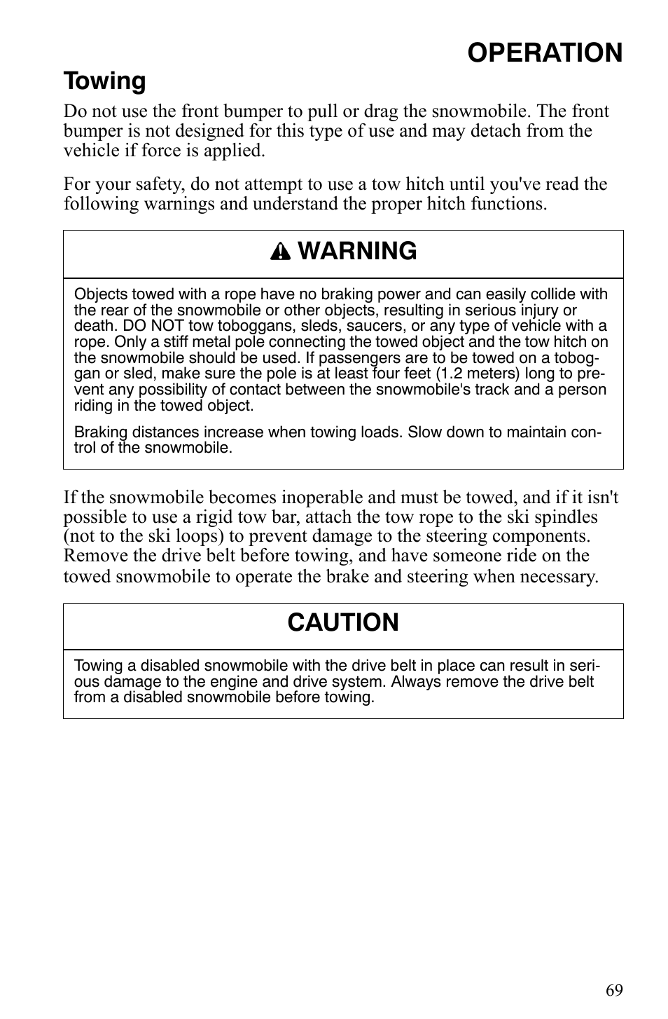 Operation, Towing, Warning | Caution | Polaris Trail Touring Deluxe User Manual | Page 72 / 139