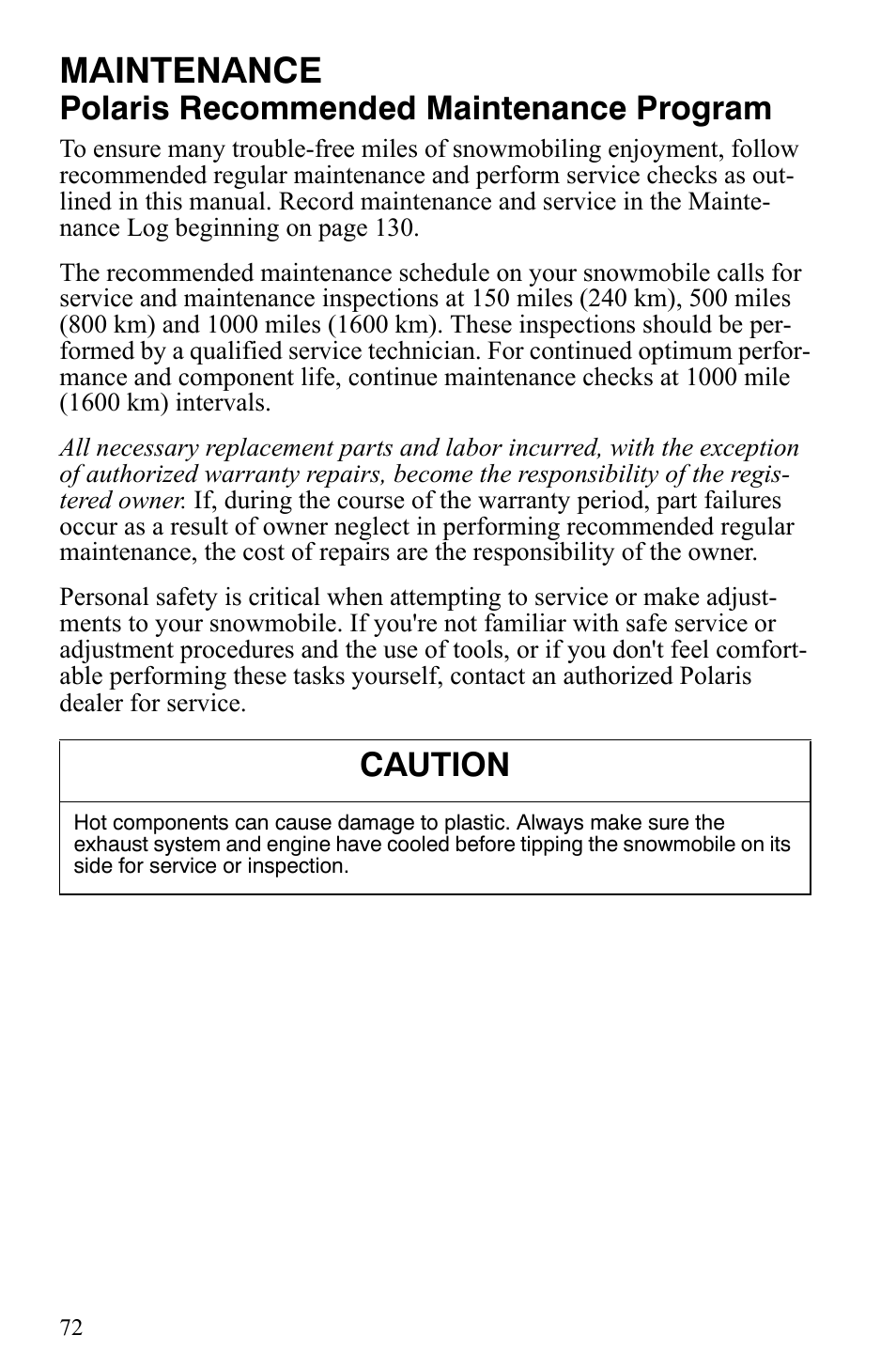 Maintenance, Polaris recommended maintenance program, Caution | Polaris Trail Touring Deluxe User Manual | Page 75 / 139