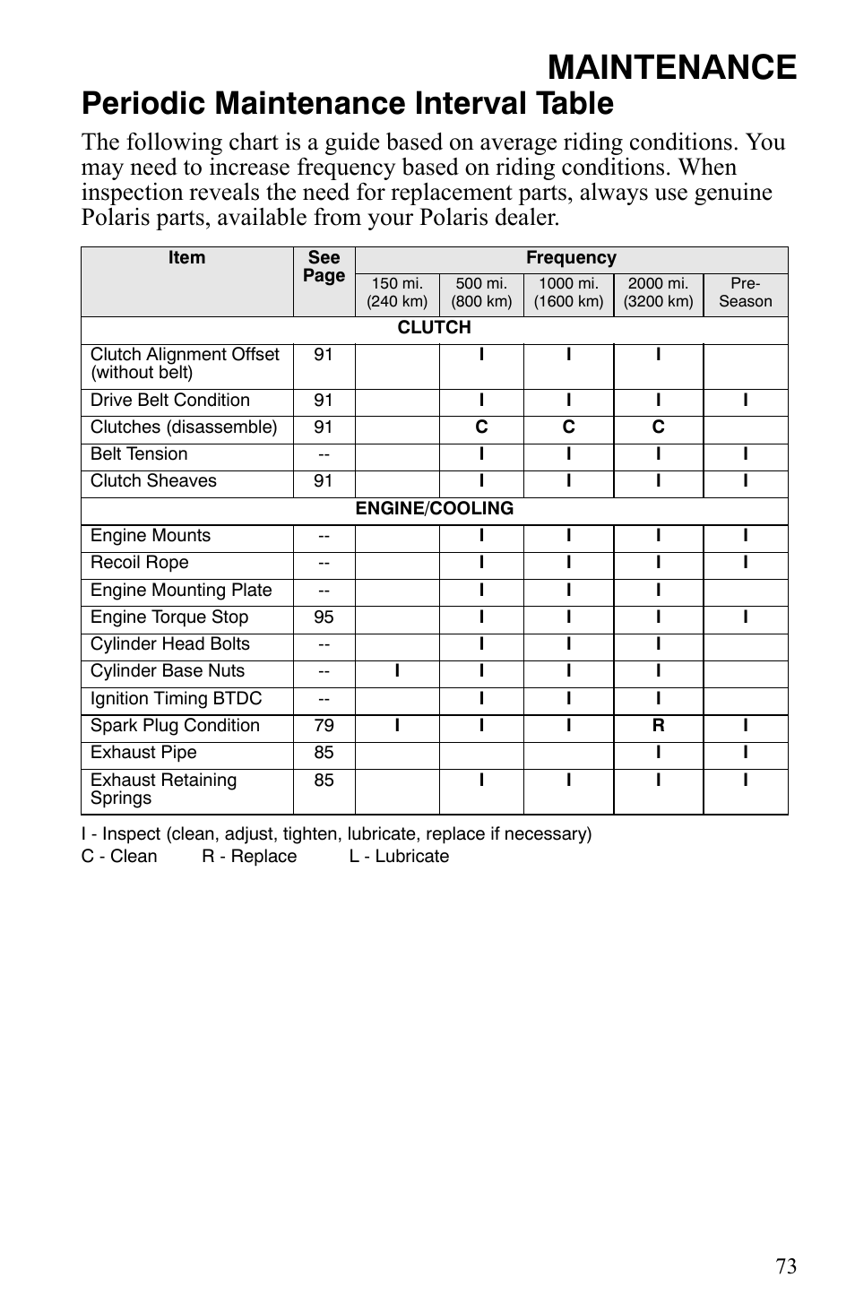 Maintenance, Periodic maintenance interval table | Polaris Trail Touring Deluxe User Manual | Page 76 / 139