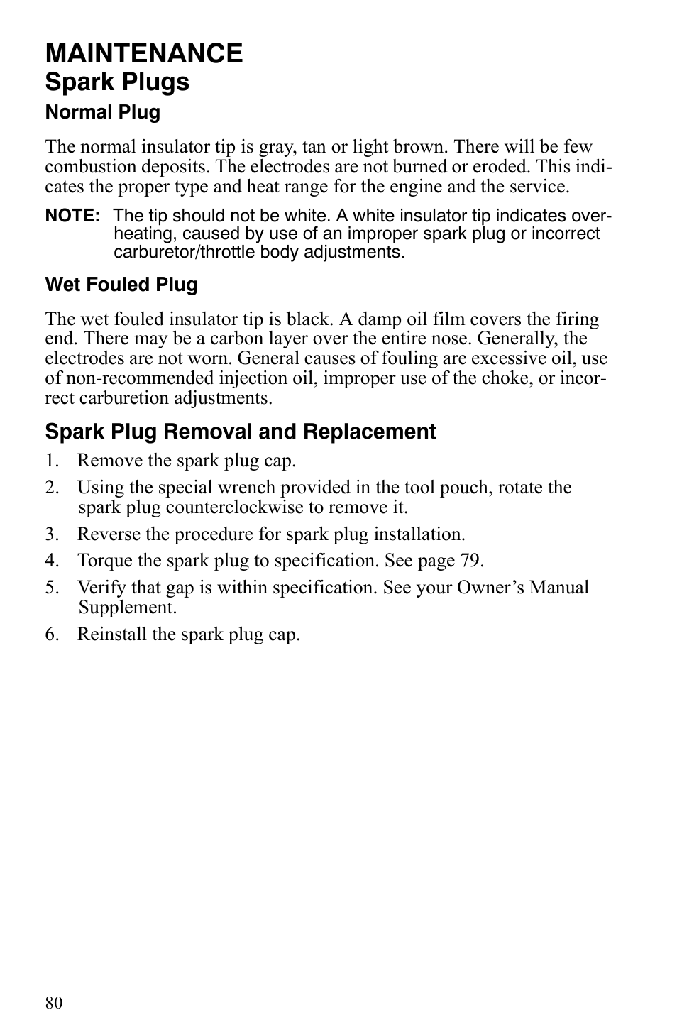 Maintenance, Spark plugs | Polaris Trail Touring Deluxe User Manual | Page 83 / 139