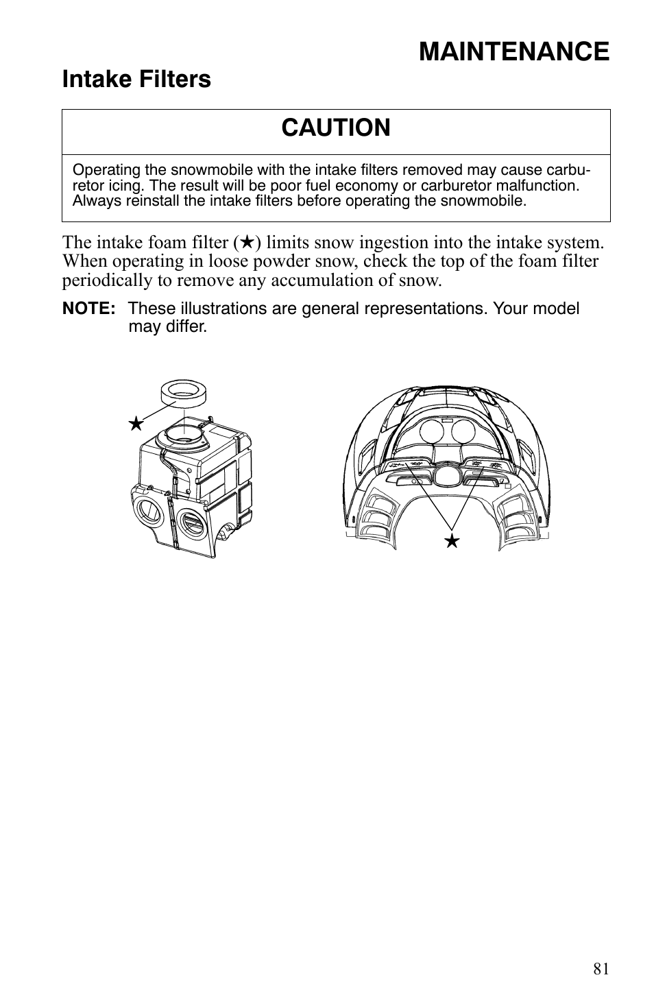 Maintenance, Intake filters, Caution | Polaris Trail Touring Deluxe User Manual | Page 84 / 139