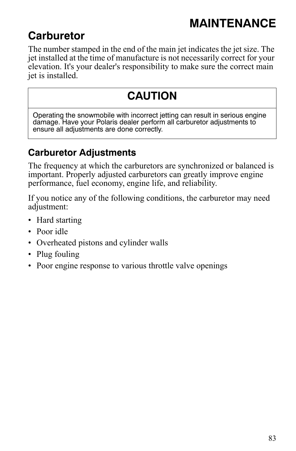 Maintenance, Carburetor, Caution | Polaris Trail Touring Deluxe User Manual | Page 86 / 139