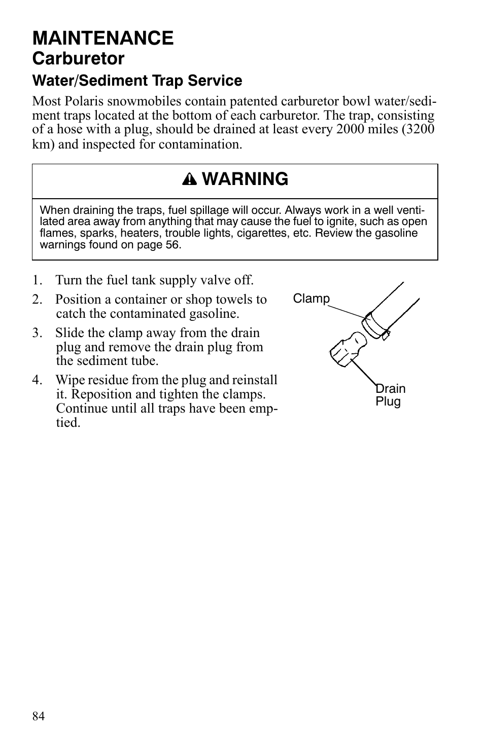 Maintenance, Carburetor, Warning | Polaris Trail Touring Deluxe User Manual | Page 87 / 139