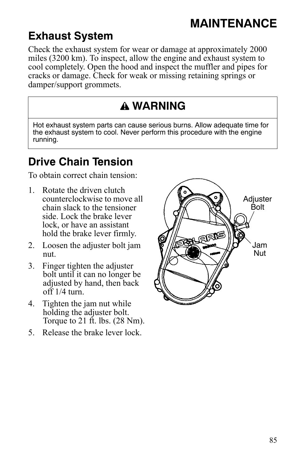 Maintenance, Exhaust system, Drive chain tension | Warning | Polaris Trail Touring Deluxe User Manual | Page 88 / 139