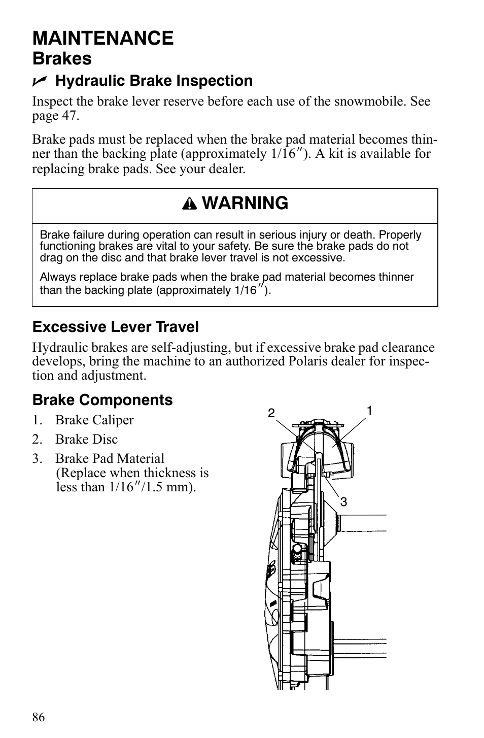 Maintenance, Brakes, Warning | Polaris Trail Touring Deluxe User Manual | Page 89 / 139