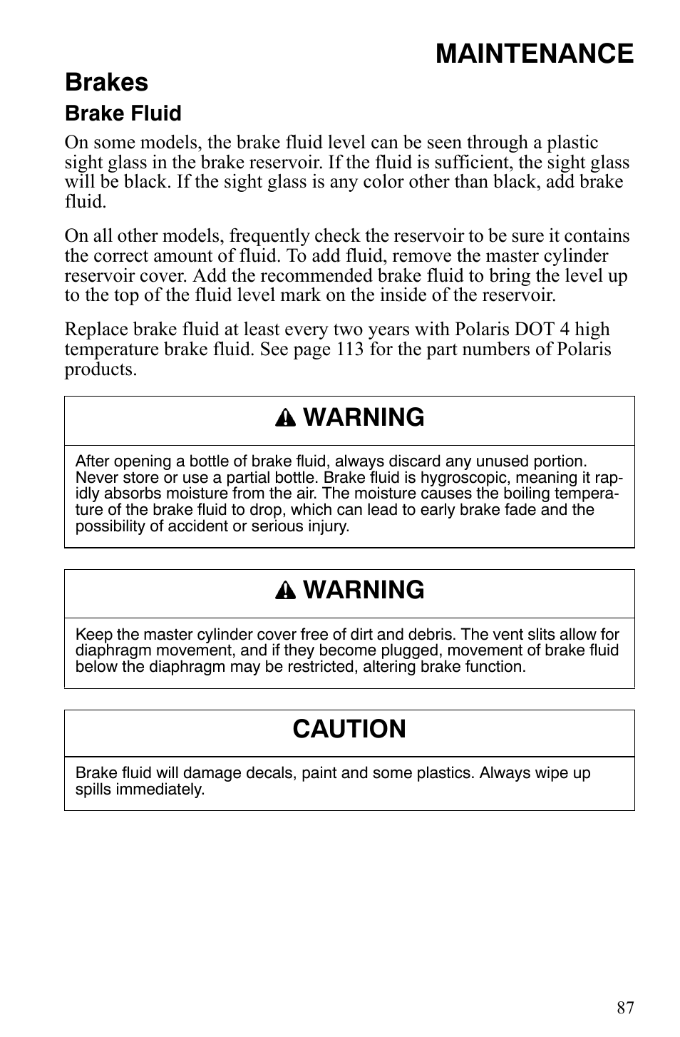 Maintenance, Brakes, Warning | Caution | Polaris Trail Touring Deluxe User Manual | Page 90 / 139