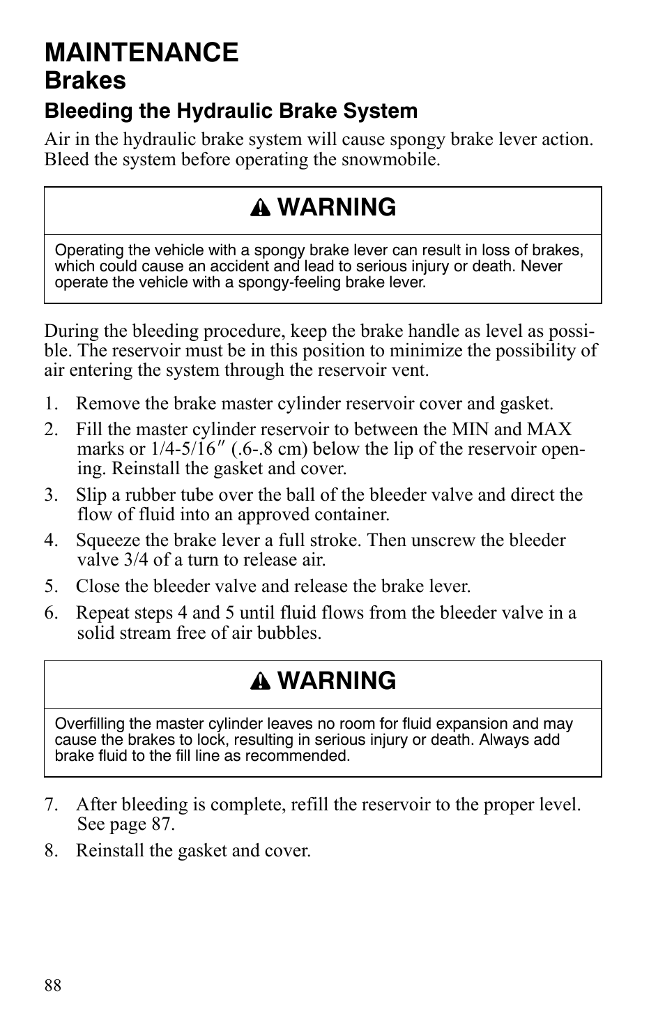 Maintenance, Brakes, Warning | Polaris Trail Touring Deluxe User Manual | Page 91 / 139