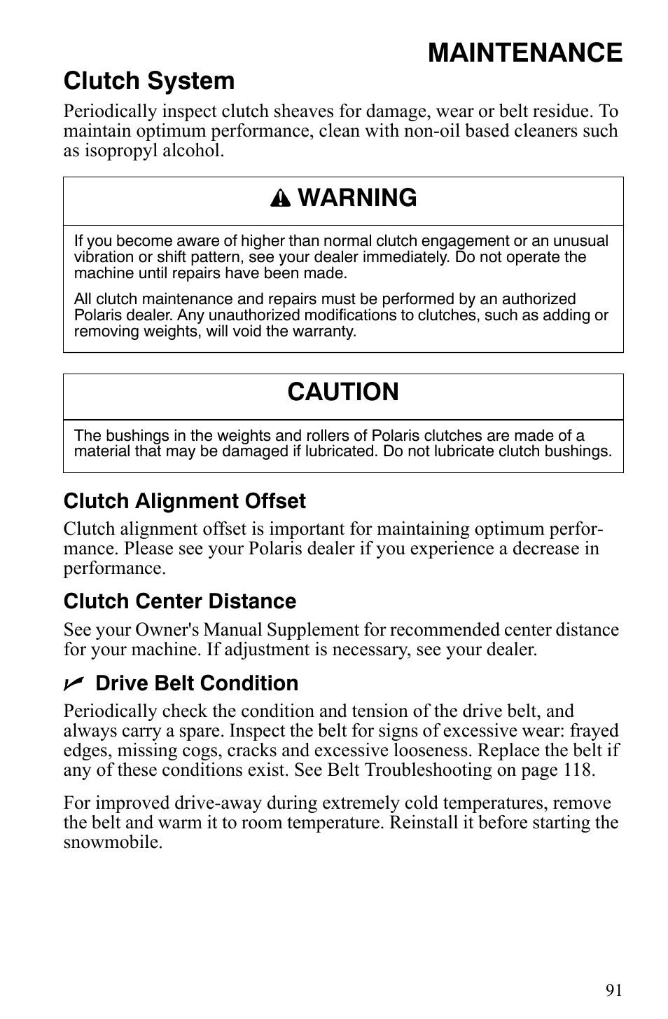 Maintenance, Clutch system, Warning | Caution | Polaris Trail Touring Deluxe User Manual | Page 94 / 139