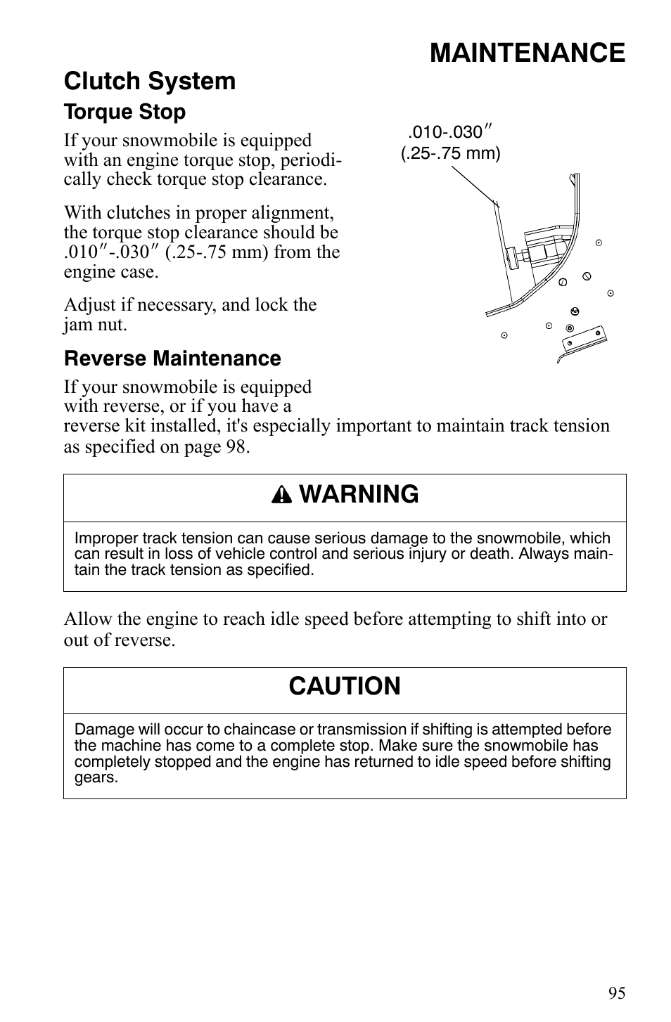 Maintenance, Clutch system, Warning | Caution | Polaris Trail Touring Deluxe User Manual | Page 98 / 139