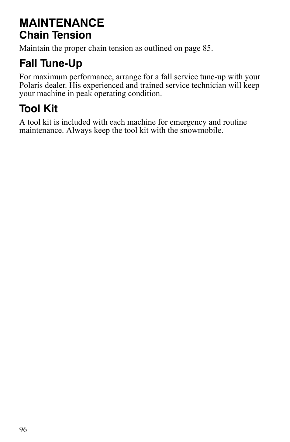 Maintenance, Chain tension, Fall tune-up | Tool kit | Polaris Trail Touring Deluxe User Manual | Page 99 / 139