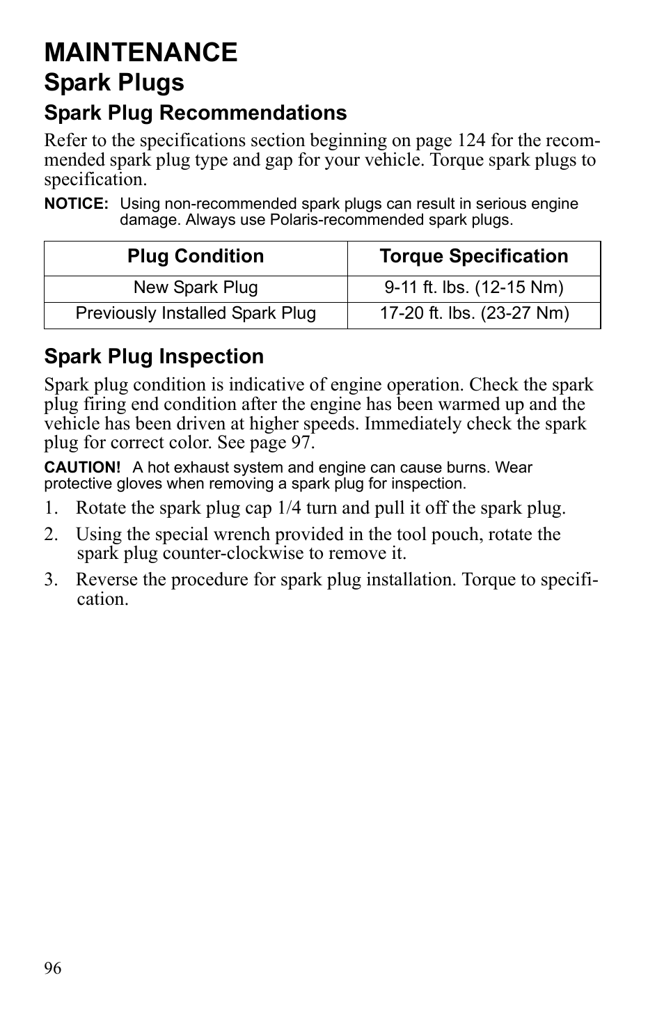 Maintenance, Spark plugs | Polaris Sportsman Touring 500 HO User Manual | Page 100 / 145