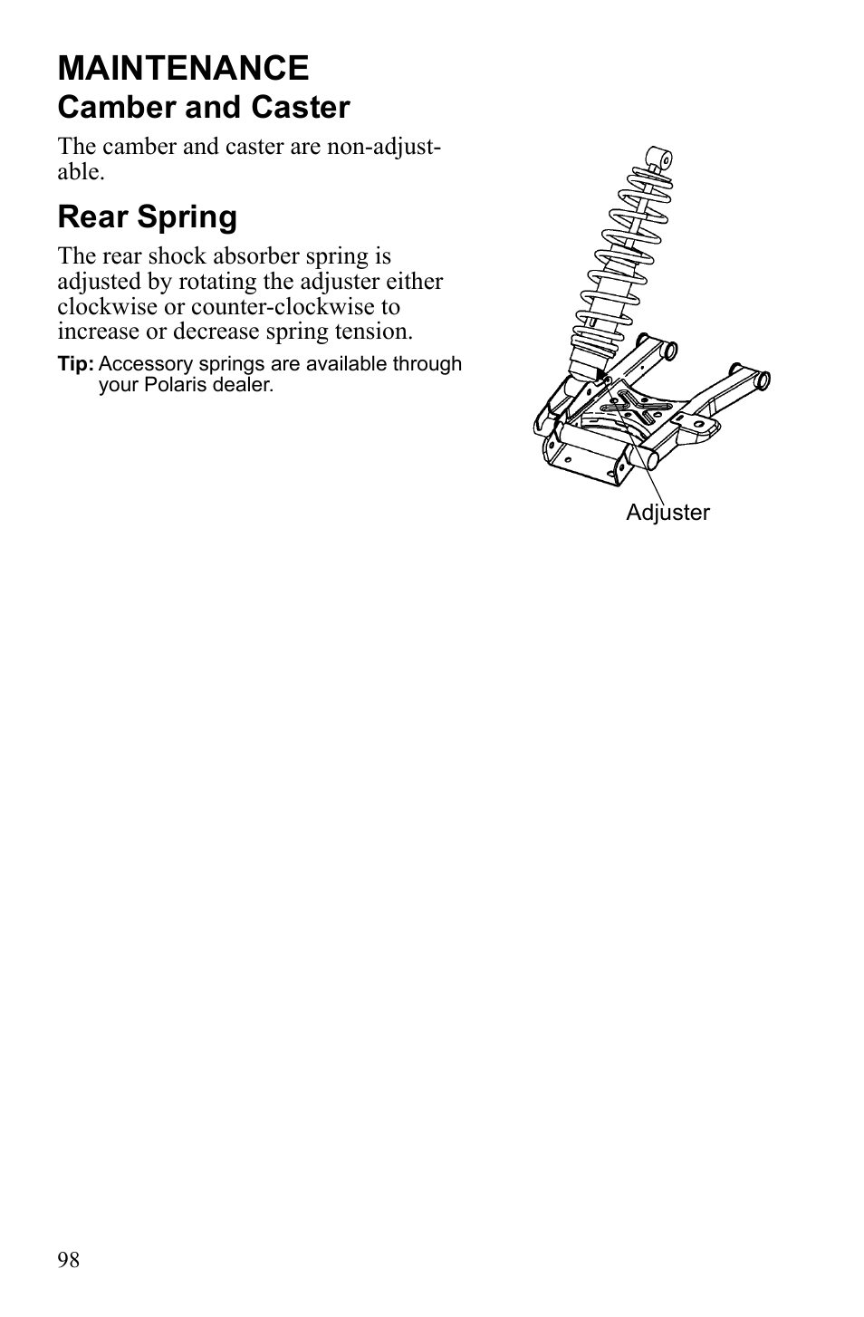 Maintenance, Camber and caster, Rear spring | Polaris Sportsman Touring 500 HO User Manual | Page 102 / 145