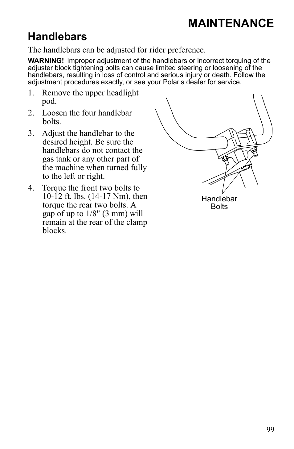 Maintenance, Handlebars | Polaris Sportsman Touring 500 HO User Manual | Page 103 / 145