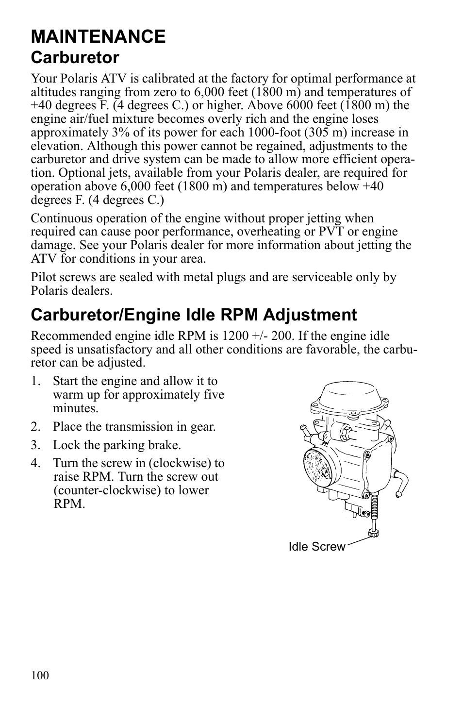 Maintenance, Carburetor, Carburetor/engine idle rpm adjustment | Polaris Sportsman Touring 500 HO User Manual | Page 104 / 145