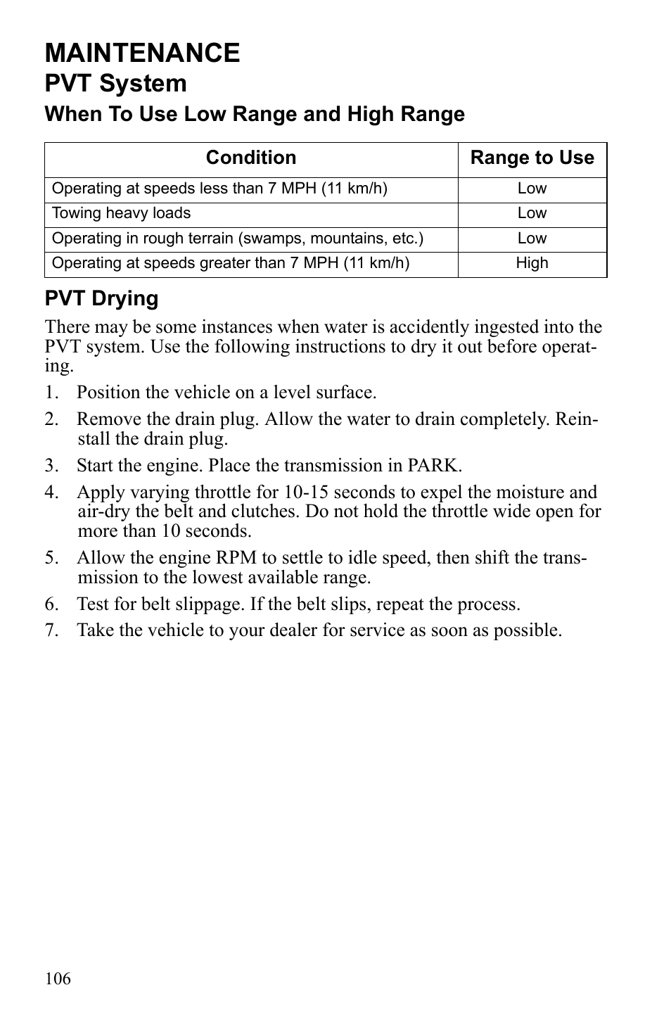 Maintenance, Pvt system, When to use low range and high range pvt drying | Polaris Sportsman Touring 500 HO User Manual | Page 110 / 145