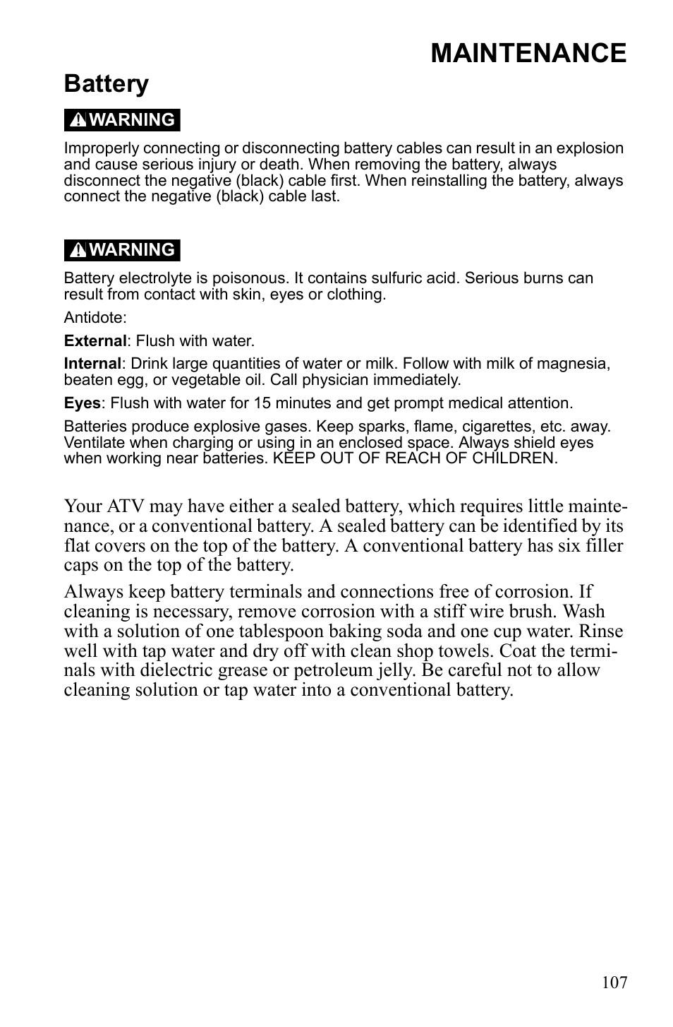 Maintenance, Battery | Polaris Sportsman Touring 500 HO User Manual | Page 111 / 145