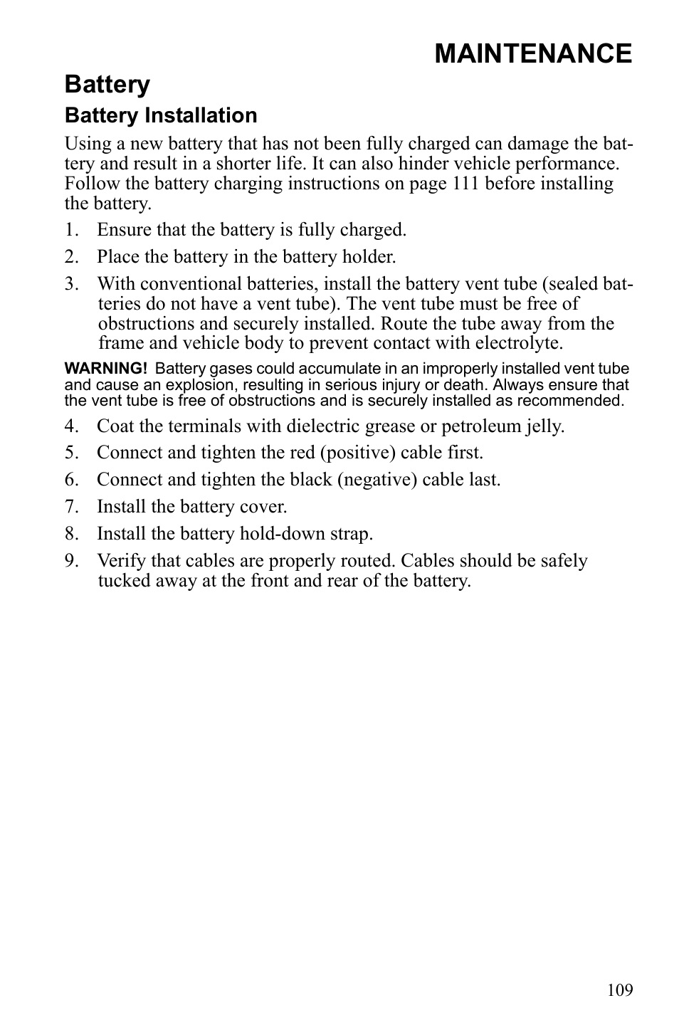 Maintenance, Battery | Polaris Sportsman Touring 500 HO User Manual | Page 113 / 145