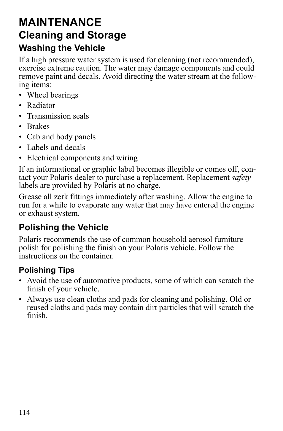 Maintenance, Cleaning and storage | Polaris Sportsman Touring 500 HO User Manual | Page 118 / 145