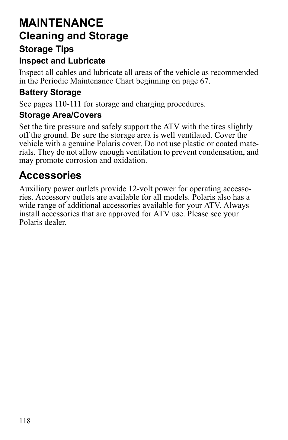 Maintenance, Cleaning and storage, Accessories | Polaris Sportsman Touring 500 HO User Manual | Page 122 / 145