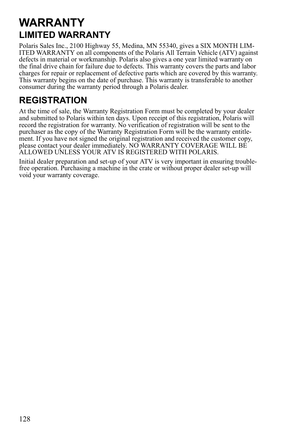 Warranty, Limited warranty, Registration | Polaris Sportsman Touring 500 HO User Manual | Page 132 / 145