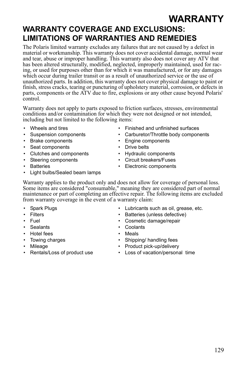 Warranty | Polaris Sportsman Touring 500 HO User Manual | Page 133 / 145
