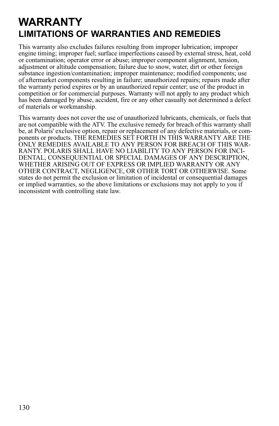 Warranty, Limitations of warranties and remedies | Polaris Sportsman Touring 500 HO User Manual | Page 134 / 145