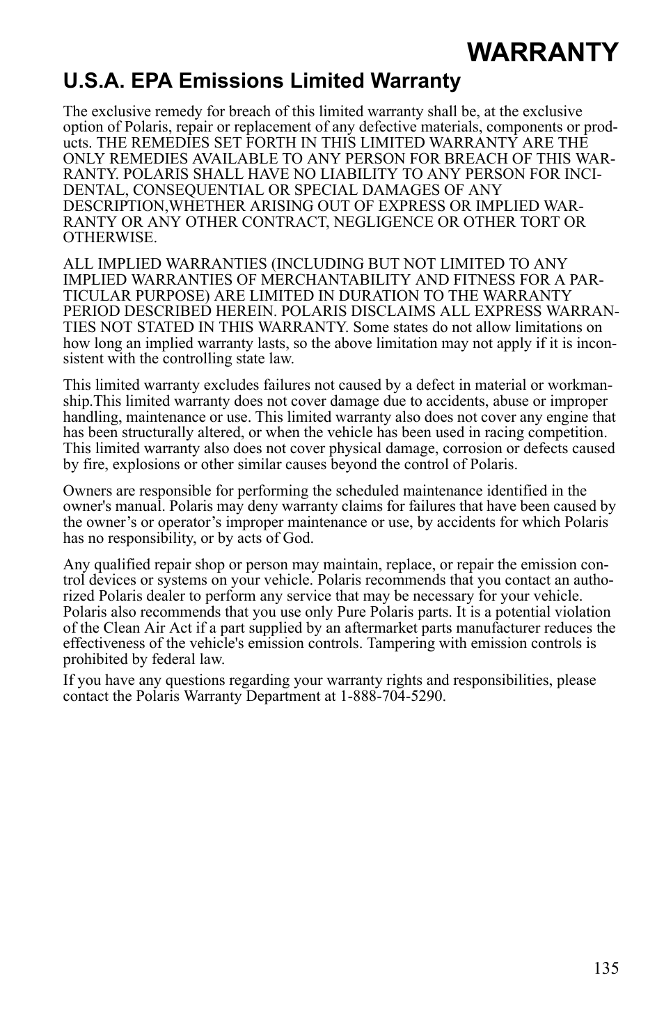 Warranty, U.s.a. epa emissions limited warranty | Polaris Sportsman Touring 500 HO User Manual | Page 139 / 145