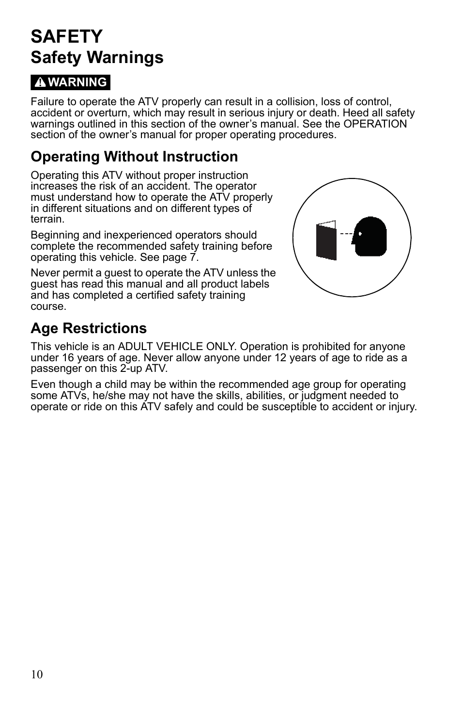 Safety, Safety warnings, Operating without instruction | Age restrictions | Polaris Sportsman Touring 500 HO User Manual | Page 14 / 145