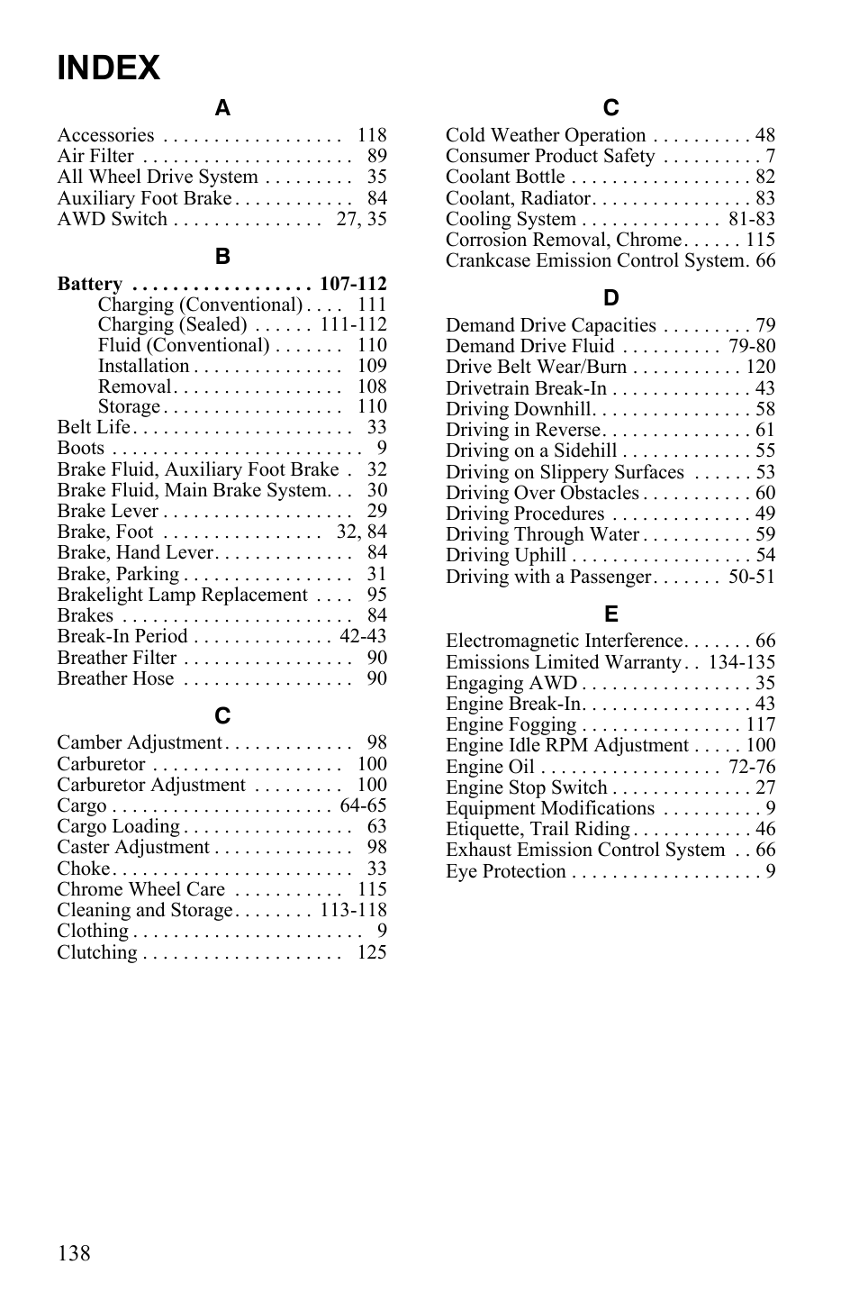 Index | Polaris Sportsman Touring 500 HO User Manual | Page 142 / 145