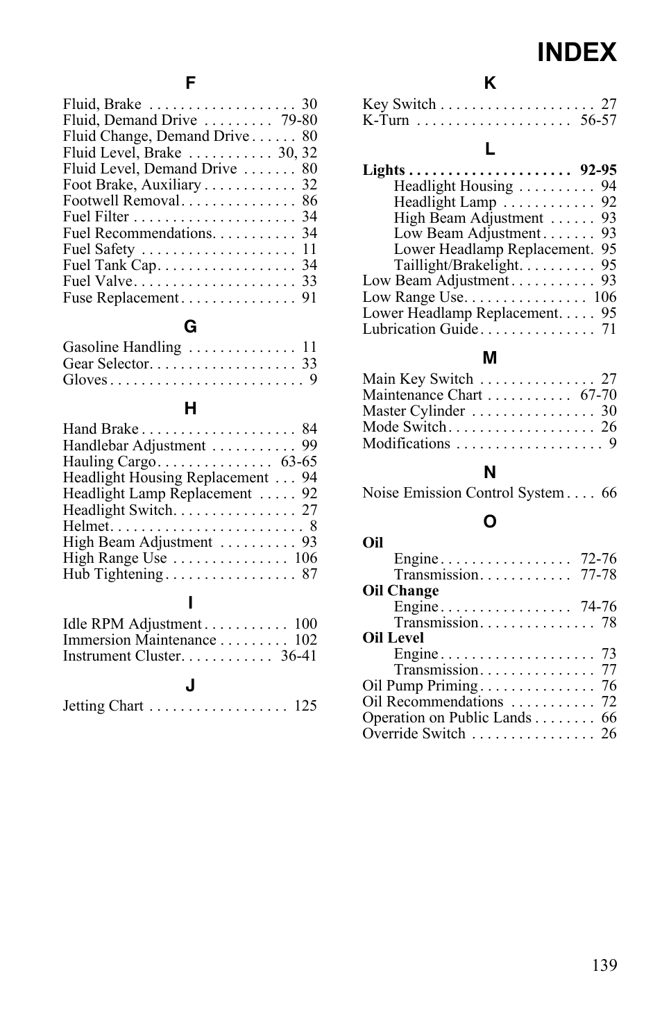 Index | Polaris Sportsman Touring 500 HO User Manual | Page 143 / 145