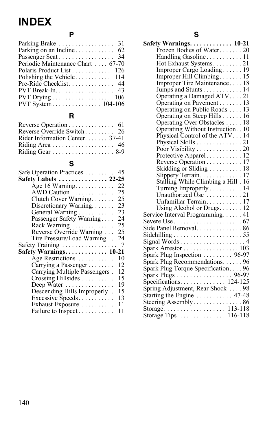 Index | Polaris Sportsman Touring 500 HO User Manual | Page 144 / 145