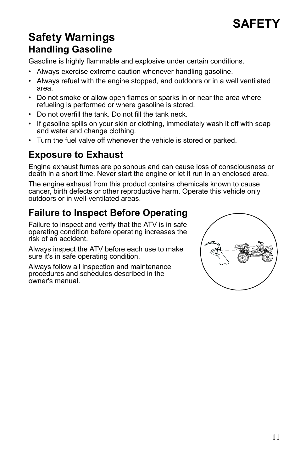 Safety, Safety warnings, Handling gasoline | Exposure to exhaust, Failure to inspect before operating | Polaris Sportsman Touring 500 HO User Manual | Page 15 / 145