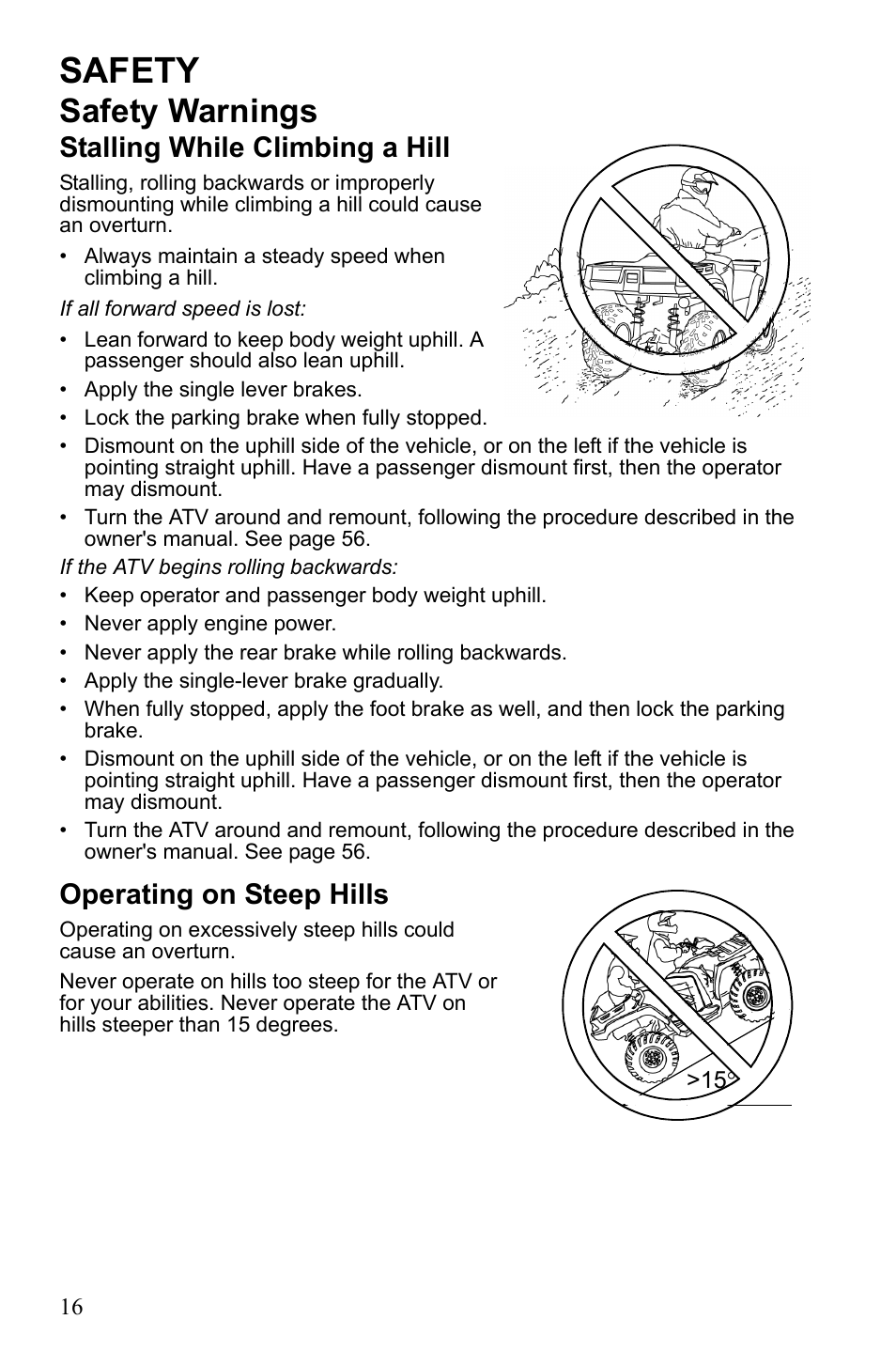 Safety, Safety warnings, Stalling while climbing a hill | Operating on steep hills | Polaris Sportsman Touring 500 HO User Manual | Page 20 / 145