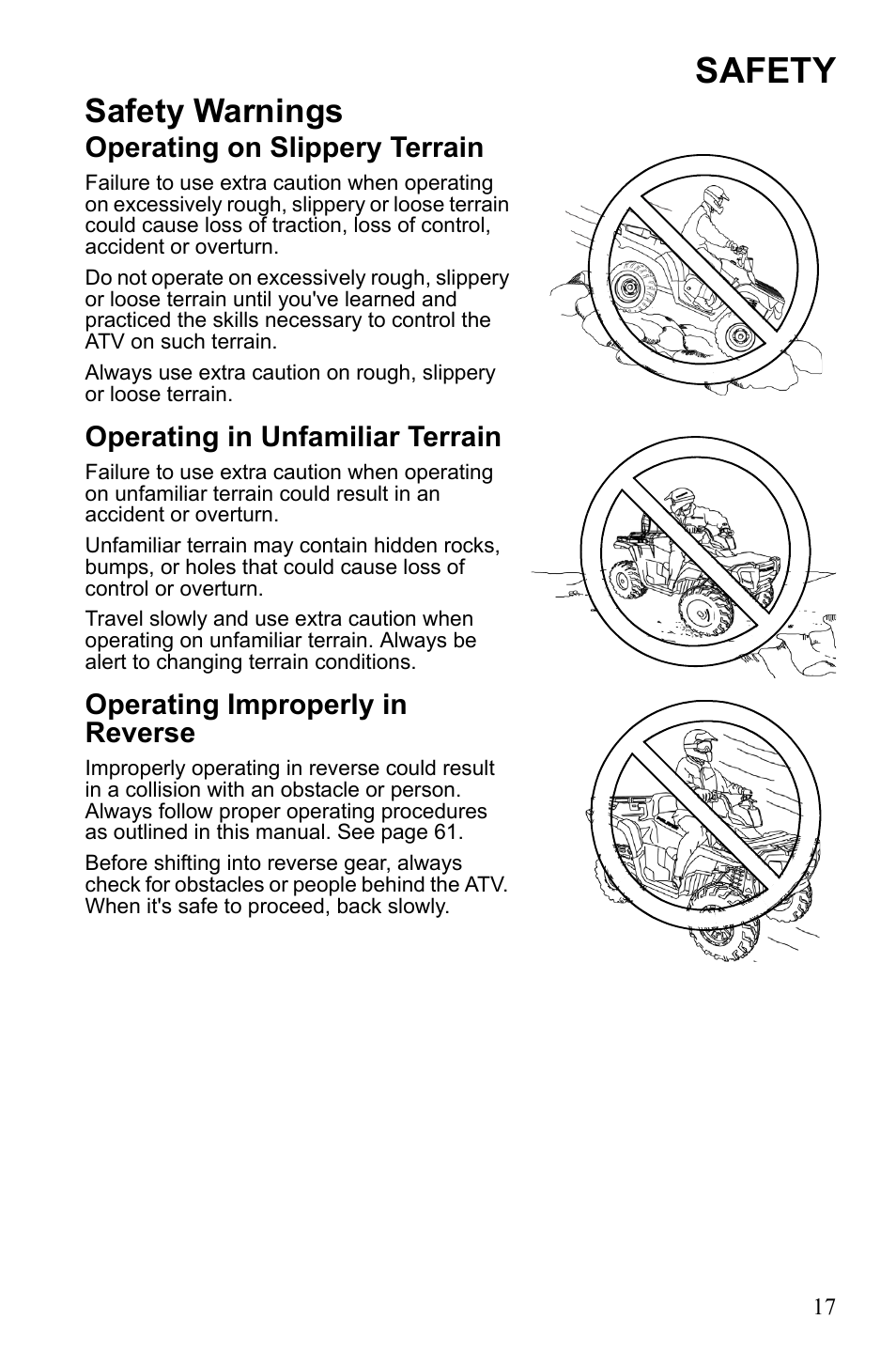 Safety, Safety warnings, Operating on slippery terrain | Operating in unfamiliar terrain, Operating improperly in reverse | Polaris Sportsman Touring 500 HO User Manual | Page 21 / 145