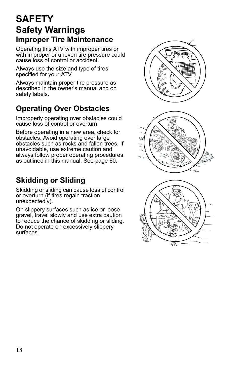 Safety, Safety warnings, Improper tire maintenance | Operating over obstacles, Skidding or sliding | Polaris Sportsman Touring 500 HO User Manual | Page 22 / 145