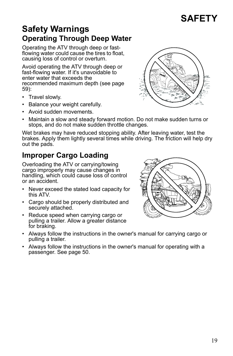 Safety, Safety warnings, Operating through deep water | Improper cargo loading | Polaris Sportsman Touring 500 HO User Manual | Page 23 / 145